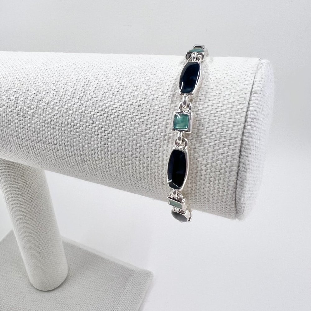 Light & Dark Green Enameled Shiny Silver Tone 7” Bracelet - Picture 3 of 6